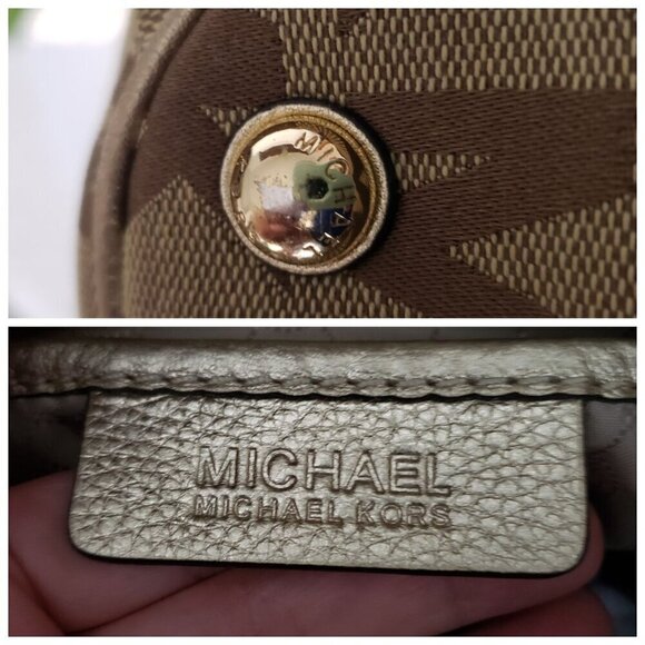 Michael Kors Jet Set Large Signature Gathered Hobo Satchel Tote Gold and Brown - Picture 14 of 16